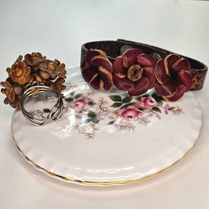 Boho Leather Flower Bracelet Ring Set Brown Red Adjustable Festival Jewelry!